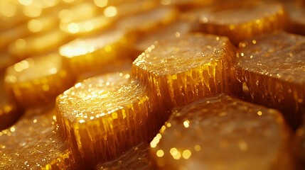 Close-up of honeycomb with golden honey, highlighting the intricate hexagonal structure and rich texture. Perfect for natural food themes.