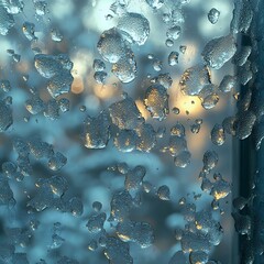 Frosty window with ice crystals and droplets, creating a beautiful winter scene. Perfect for capturing the chill of the season.