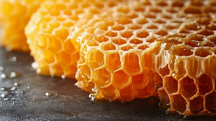 Close-up of honeycomb with sweet, dripping honey. Perfect for culinary, health, and natural food themes. Ideal for agricultural and organic usage.
