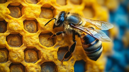 Close-up of a bee on honeycomb, showcasing the intricate details of its body and the hexagonal structure of the hive around it.