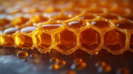 Close-up of glistening honeycomb with golden honey droplets, showcasing the intricate hexagonal structure and organic textures of this natural product.