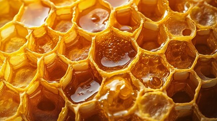 Close-up of golden honeycomb filled with honey, showcasing its intricate hexagonal structure and delicious, sweet syrup inside.