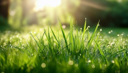 fresh green grass in a garden with soft sunlight and dew drops