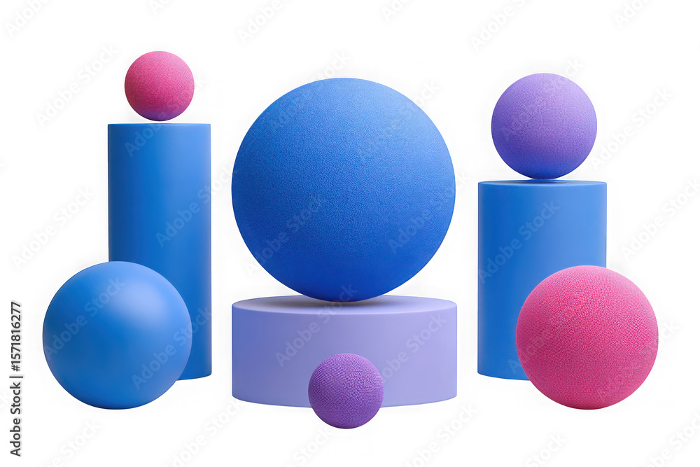 Poster abstract geometric composition with textured spheres and cylinders isolated on transparent backgroun