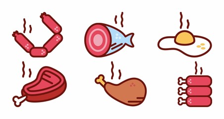 Cooked meat icons: sausages, fish, fried egg, steak on the bone, roasted chicken leg, and hot dogs.. 