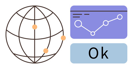 Globe with connection points, data chart with analytics, and Ok button. Ideal for technology, business, analytics, networking, validation communication global connection. Minimalist flat metaphor