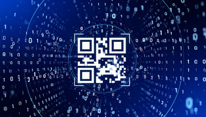 QR code surrounded by binary code, digital background