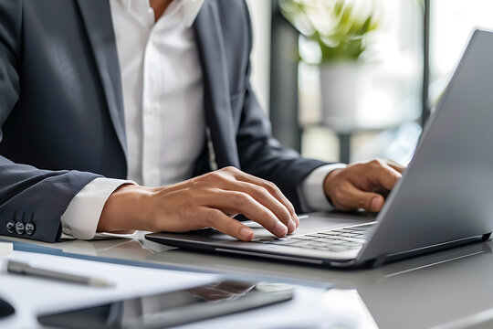 オフィスでノートパソコンを操作するビジネスマンの手元
