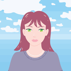 Beautiful girl wearing grey t-shirt in front of the summer blue sea and sky vector illustration