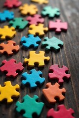 Colorful Puzzle Pieces Scattered on Wooden Background Abstract Unity and Creativity Concept