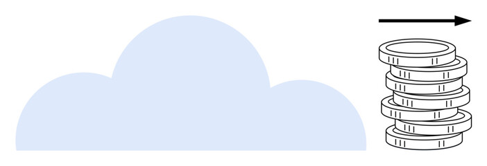 Cloud with arrow pointing toward stack of coins, symbolizing technology-driven financial success. Ideal for themes thumbs up cloud services, data innovation, profitability, investment, fintech