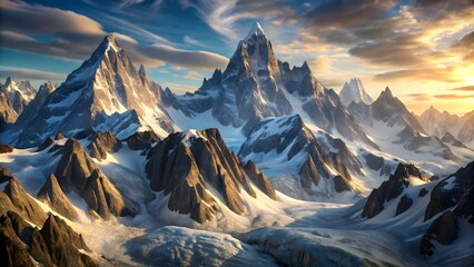 Majestic snow capped mountain range under golden hour sky isolated on white background