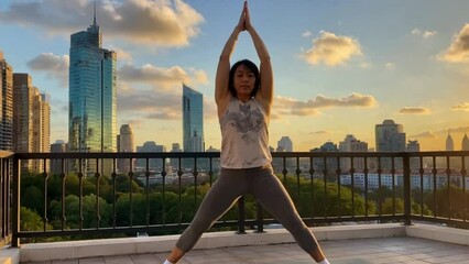 Woman doing star jump on rooftop with city skyline and sunset in the background with arms raised high - Powered by Adobe