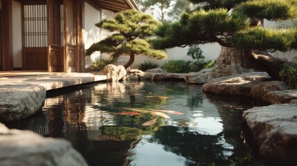 Naklejka premium Serene Japanese Garden Koi Pond with Tranquil Water and Bonsai Trees