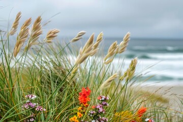 Seaside Dune Grass with Ocean View and Wildflowers - Coastal Scene with Beach and Sea, Tranquil Nature Landscape, Summer Travel Destination