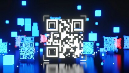 QR code with glowing, digital squares