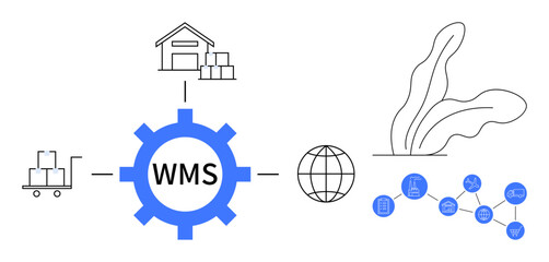 Gear labeled WMS connects warehouse, global tracking, supply chain, and logistics icons. Ideal for supply chain, logistics, inventory, distribution, business optimization data management simple