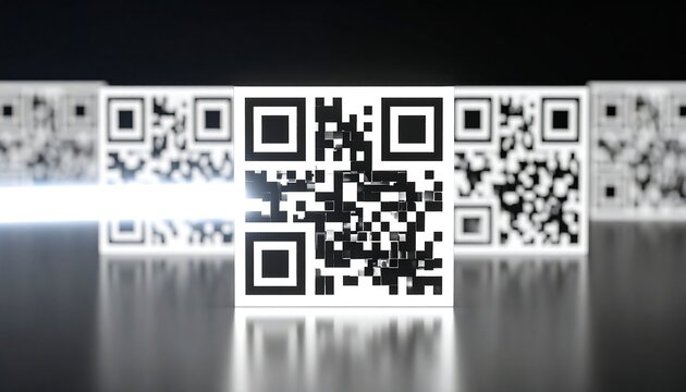 QR codes in various stages of focus, a dark background