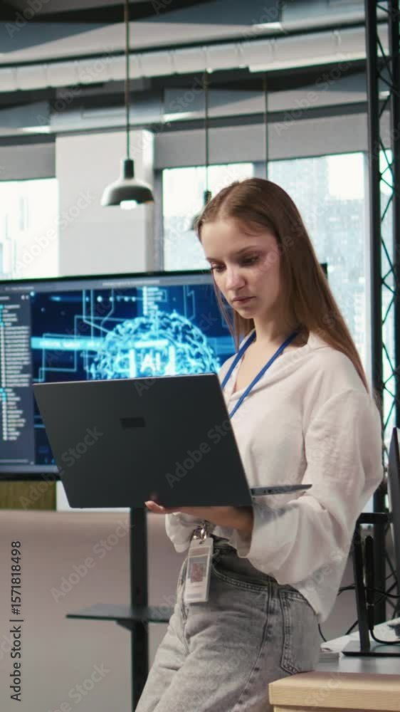 Fototapete vertical video portrait of young smiling female programmer in office automating repetitive tasks usi