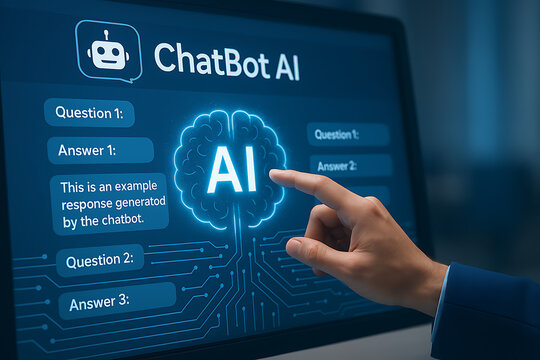 businessman pressing virtual button with ai chat bot