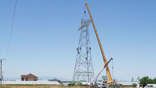 The construction of a high voltage power pole with crane