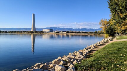 Obraz premium Panoramic Industrial Landscape Featuring a Nuclear Power Station, Emphasizing Pollution, Emissions, and Their Role in Accelerating Global Climate Crisis