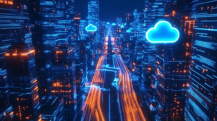 Futuristic AI-Powered Smart City Skyline with Neon Lights and Digital Connectivity at Night
