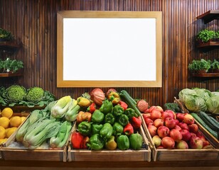 interior greengrocer shop with fresh vegetables fruits wooden frame poster mock up copy space for promo healthy organic food market stall with tomatoes bell peppers zucchini lettuce apples