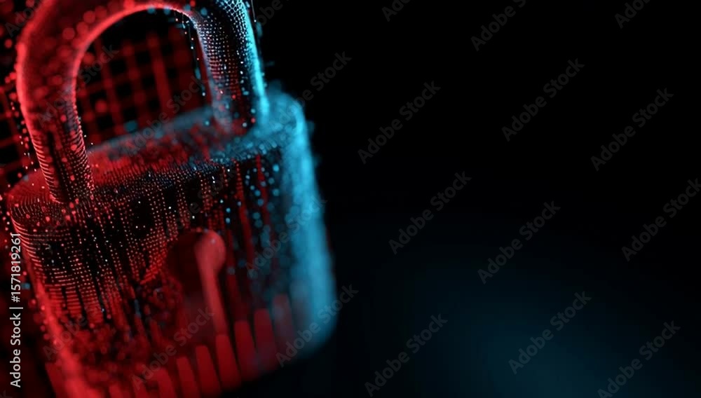 Poster 3d rendering of a cybersecurity concept with a padlock icon glowing in red and blue light on a dark 