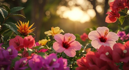 Close-up of colorful tropical flowers blooming in a Brazilian garden during spring &ndash; natural light, soft background, shallow depth of field
