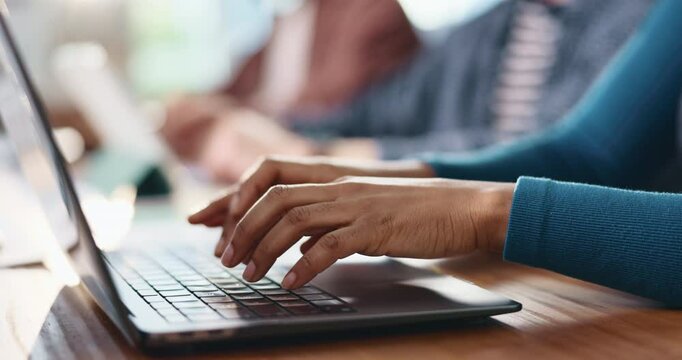 Copywriting, office and hands of woman on laptop for online report, article review and journalism. Creative agency, professional and business person on computer for editing, research and website blog