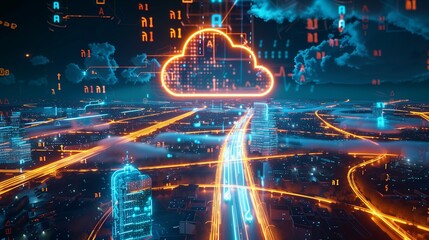 Obraz premium Futuristic AI-Powered Smart City Skyline with Neon Lights and Digital Connectivity at Night 