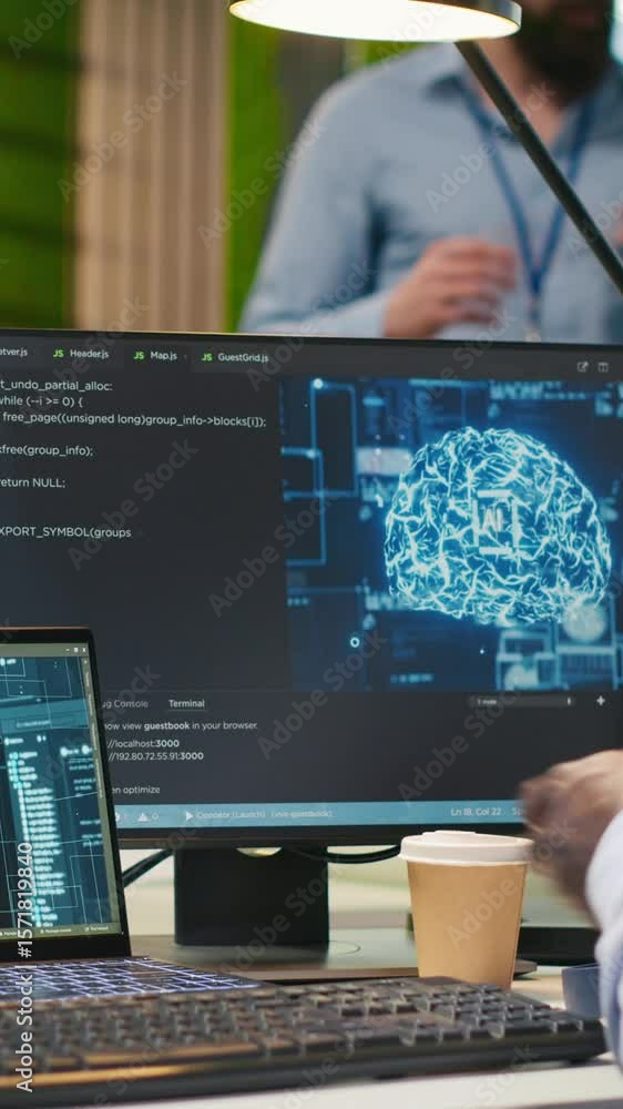 Poster vertical video admin in office relies on ai machine learning to run tasks across multiple devices, m