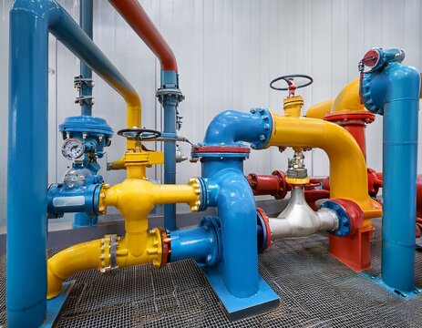 colorful industrial piping system with pumps and valves against a minimalist background