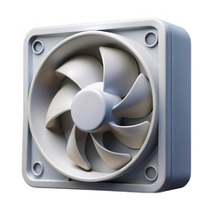 A clean white computer cooling fan with curved blades isolated on transparent background
