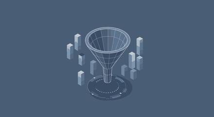  Isometric funnel with surrounding bars on blue background for data flow
