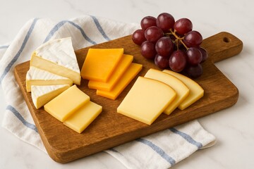  Assorted cheese slices with red grapes on a rustic wooden board, styled with a striped towel on a white marble countertop.