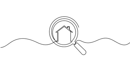 Obraz premium House search magnifier icon in continuous line style for real estate