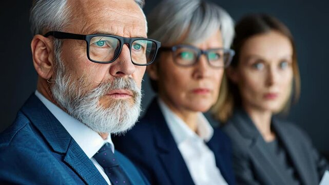 Focused Leadership: A close-up shot of a team of business people, each wearing glasses and dressed in formal attire, exudes a sense of determination and focus, their gaze fixed on the viewer.