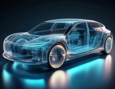 transparent glass car x ray perspective innovative design showcases internal structure tech vehicle concept futuristic automobile digital art advanced automotive innovation