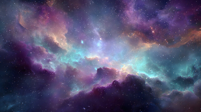 Colorful nebula with purple, blue, and orange hues, creating a cosmic and ethereal scene.