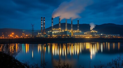 Naklejka premium A Distant Panoramic Image of a Thermal Power Plant with Airborne Emissions Representing Human Impact on Climate and Atmospheric Pollution