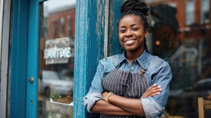 Woman entrepreneur smiling at storefront