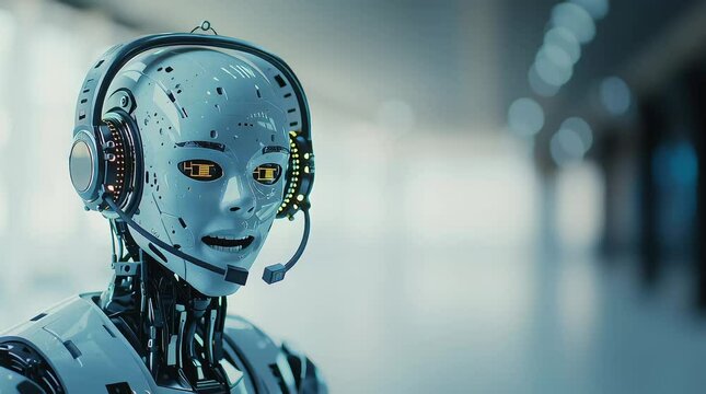 4K video of a female AI robot call center agent on a head set talking to a cilent in a modern call center