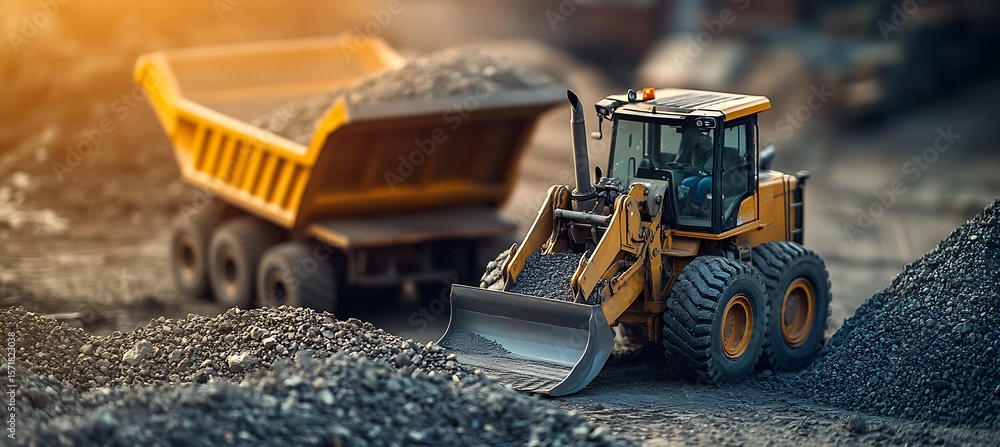 Poster construction background featuring mini track loader using bucket to transfer gravel into dump truck 