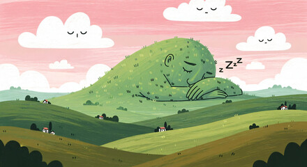 Whimsical scene of a giant, green, hill-like creature with closed eyes, suggesting it's asleep. Its body is covered with grass or foliage, blending naturally into the surrounding landscape.