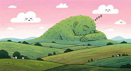Whimsical and imaginative scene where a landscape of rolling hills, giant, green, human-like figure is peacefully sleeping. The overall atmosphere is serene and dreamlike.