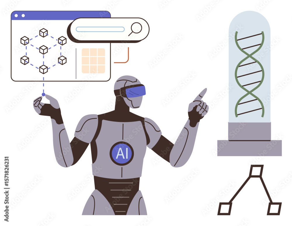 Poster ai humanoid robot with blockchain network diagram and dna helix in a glass case. ideal for ai, biote