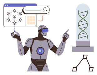 AI humanoid robot with blockchain network diagram and DNA helix in a glass case. Ideal for AI, biotechnology, blockchain, automation, futuristic technology, data science, and innovation. Simple flat