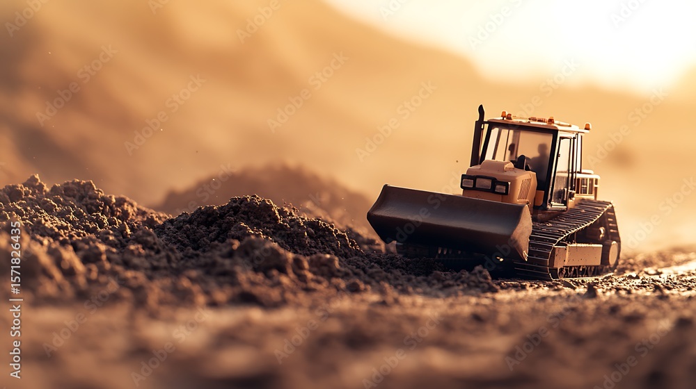 Poster compact track loader pushing loose soil across rough and uneven ground surface during earthmoving op